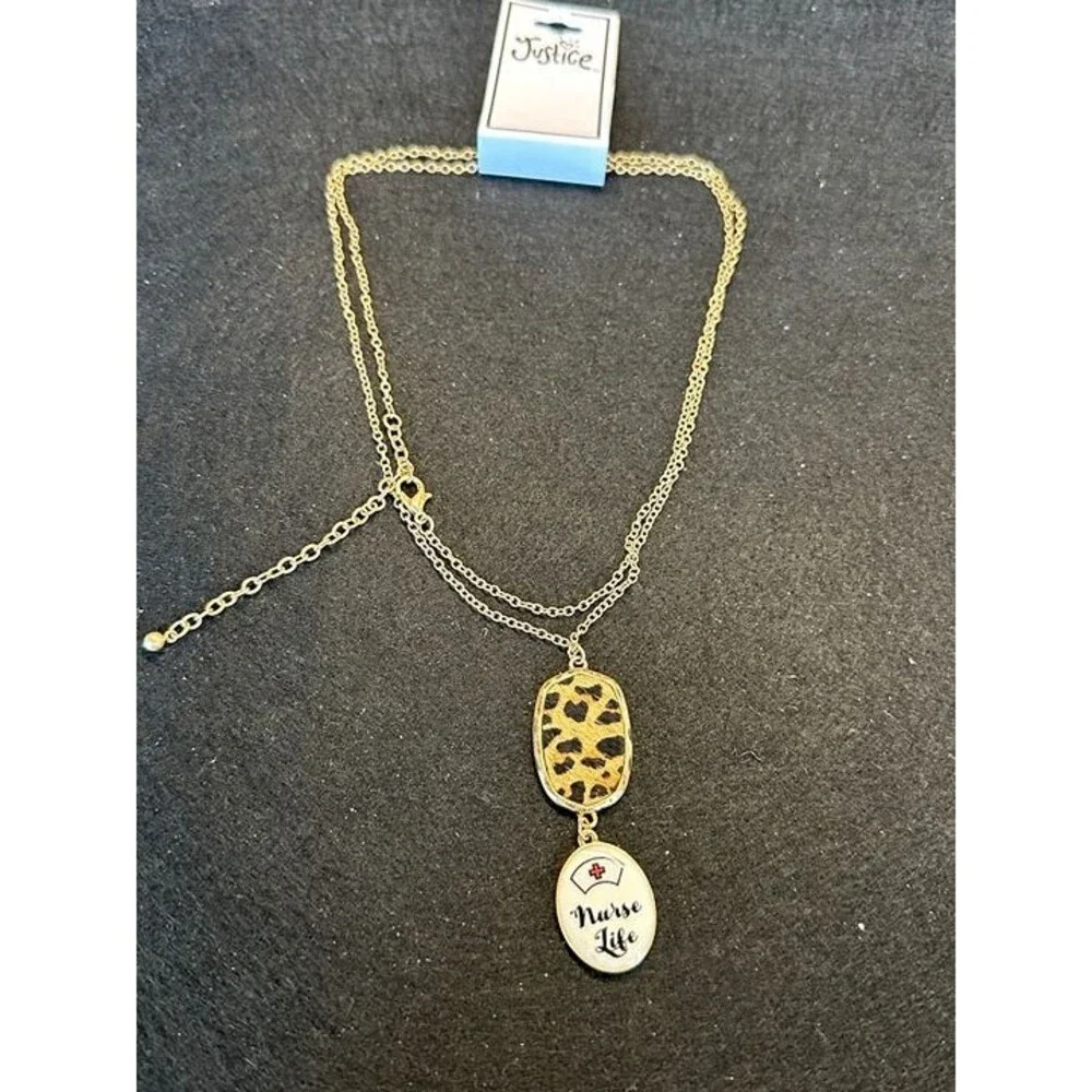 Justice Gold Nurse Life Leopard Print Double Chain Pendant Necklace NWT New